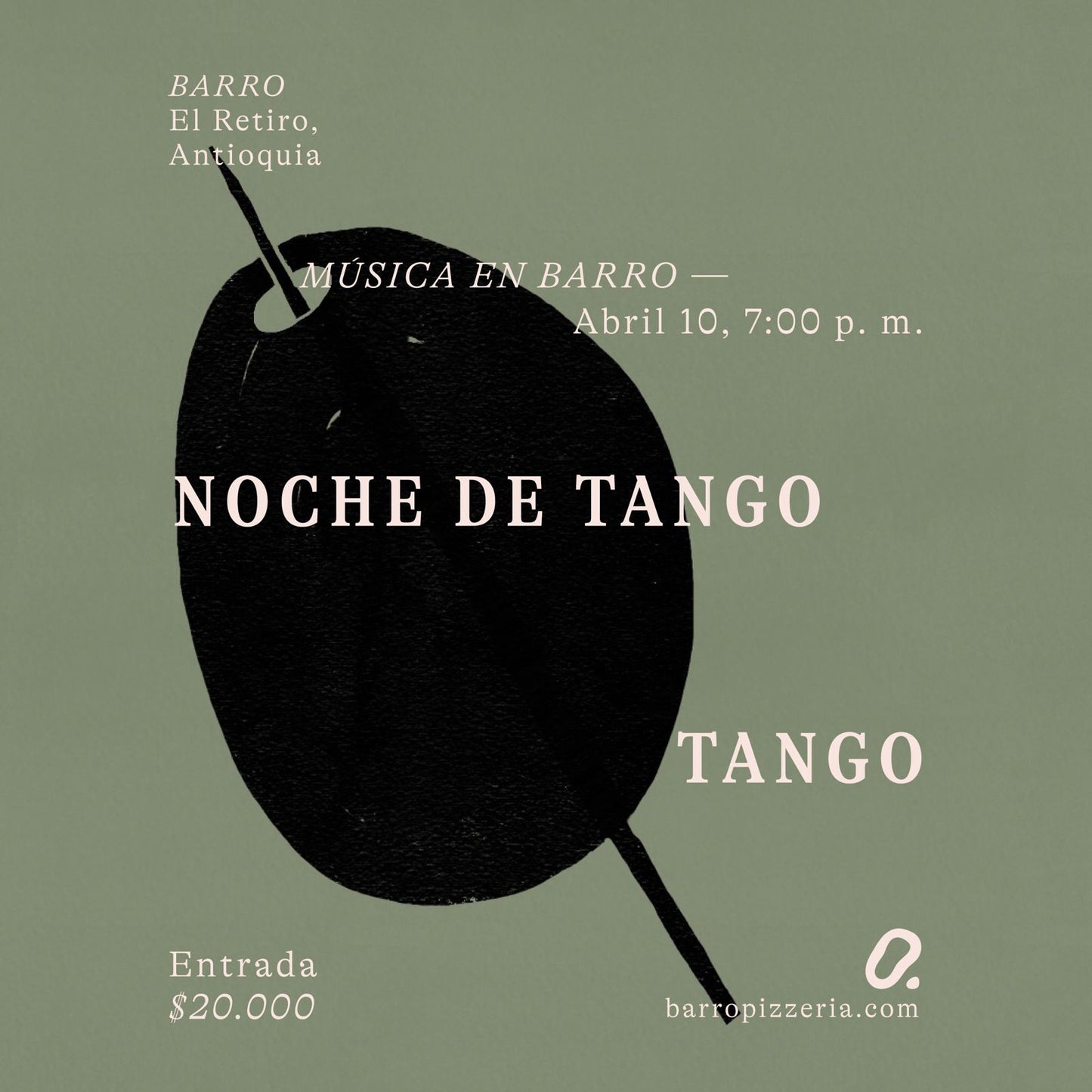 Música en Barro presenta: Noche de tango - Tango el Viernes 10 de abril, 2026
Barro es una pizzería en El Retiro, Antioquia. La calidad de cada plato es el resultado de nuestro compromiso con la selección de ingredientes locales de la más alta calidad, que dialogan con la tradición italiana.
Nuestro espacio es también un escenario que da lugar a una diversa programación de conciertos, respaldada por una curaduría centrada en la inquietud estética y el buen nivel artístico.