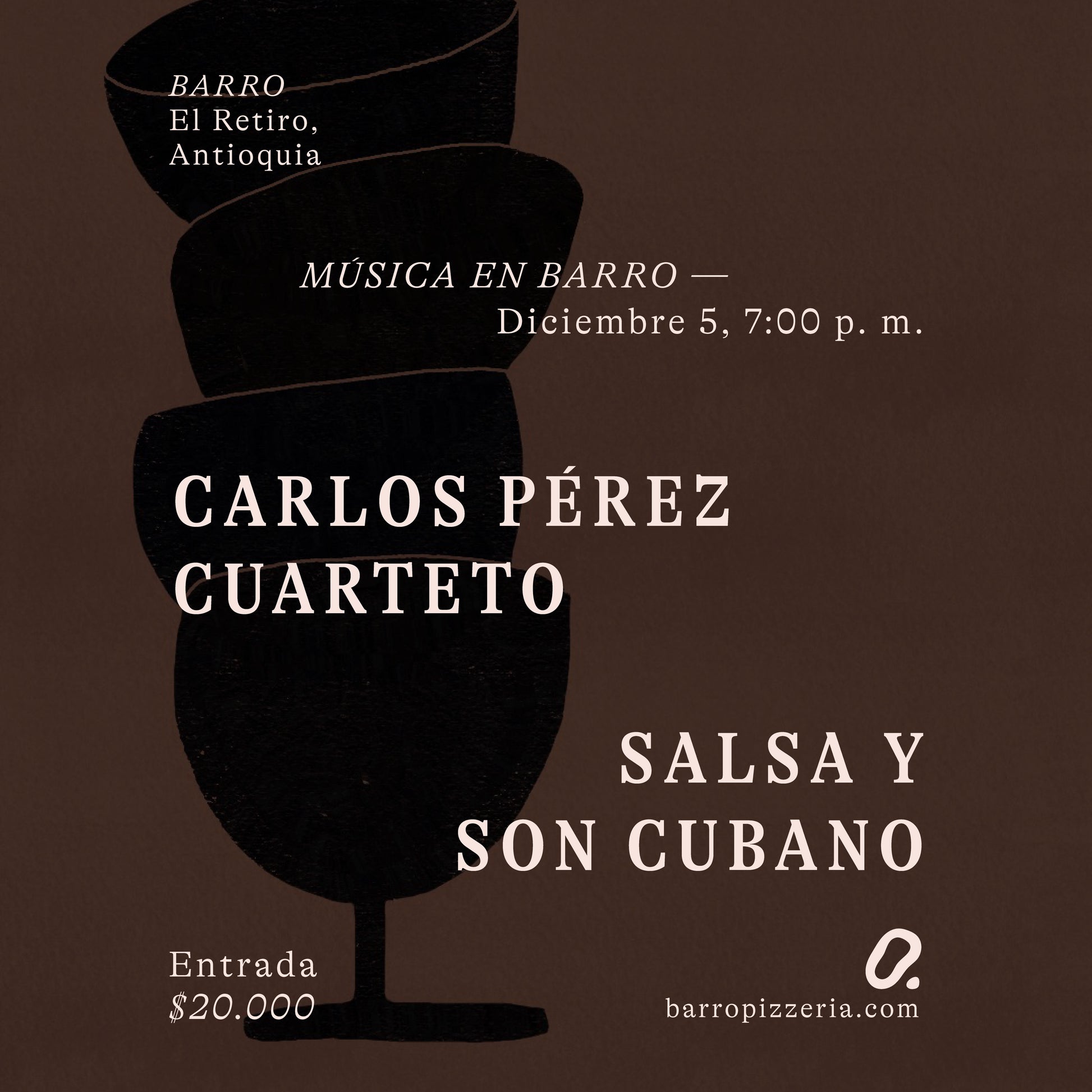 Música en Barro presenta: Carlos Pérez Cuarteto - Salsa y son cubano el viernes 05 de diciembre, 2025
Barro es una pizzería en El Retiro, Antioquia. La calidad de cada plato es el resultado de nuestro compromiso con la selección de ingredientes locales de la más alta calidad, que dialogan con la tradición italiana.
Nuestro espacio es también un escenario que da lugar a una diversa programación de conciertos, respaldada por una curaduría centrada en la inquietud estética y el buen nivel artístico.