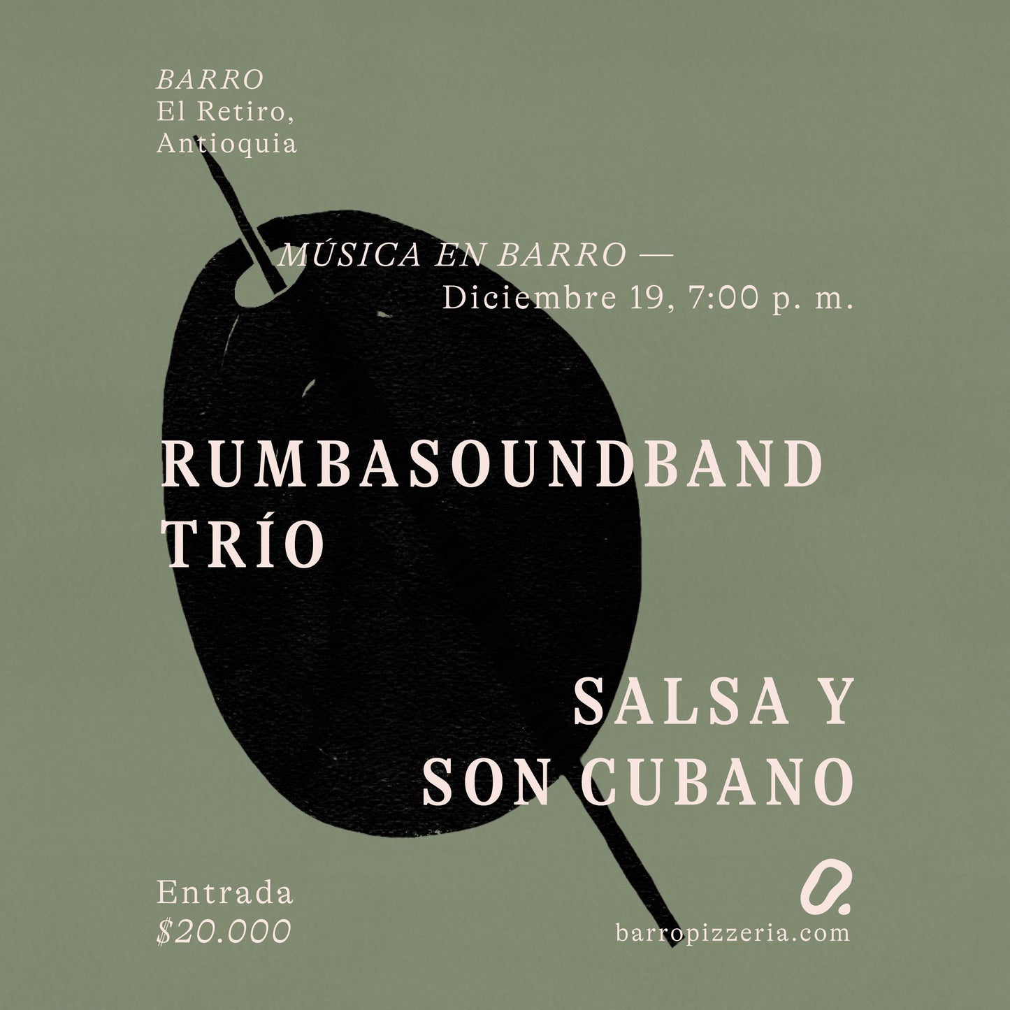 Música en Barro presenta: Rumbasoundband Trio el Viernes 19 de diciembre, 2025
Barro es una pizzería en El Retiro, Antioquia. La calidad de cada plato es el resultado de nuestro compromiso con la selección de ingredientes locales de la más alta calidad, que dialogan con la tradición italiana.
Nuestro espacio es también un escenario que da lugar a una diversa programación de conciertos, respaldada por una curaduría centrada en la inquietud estética y el buen nivel artístico.