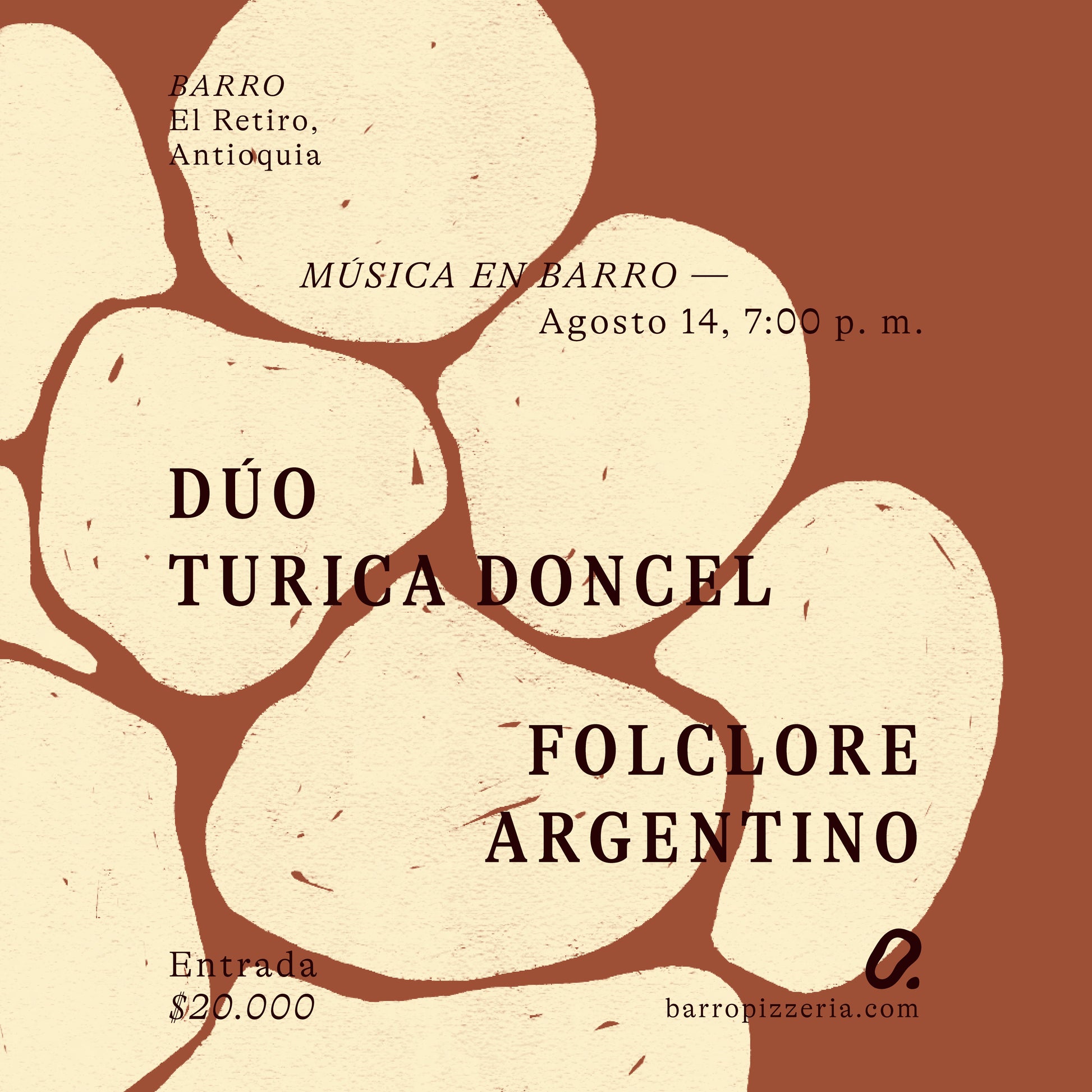 Afiche del concierto de Dúo Turica Doncel Folclore argentino, en Barro Pizzería, El Retiro, Antioquia