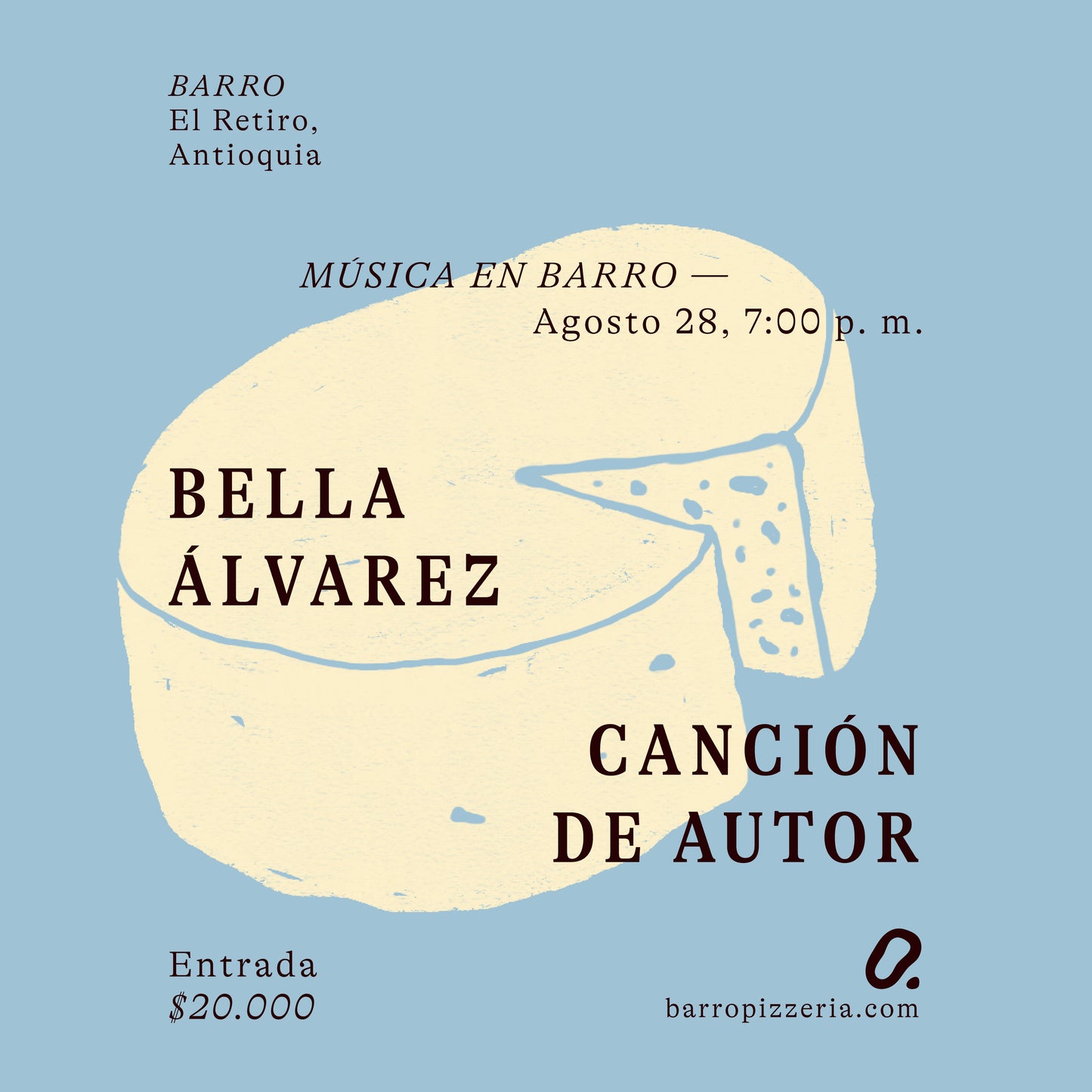 Afiche del concierto de Bella Álvarez Canción de autor, en Barro Pizzería, El Retiro, Antioquia