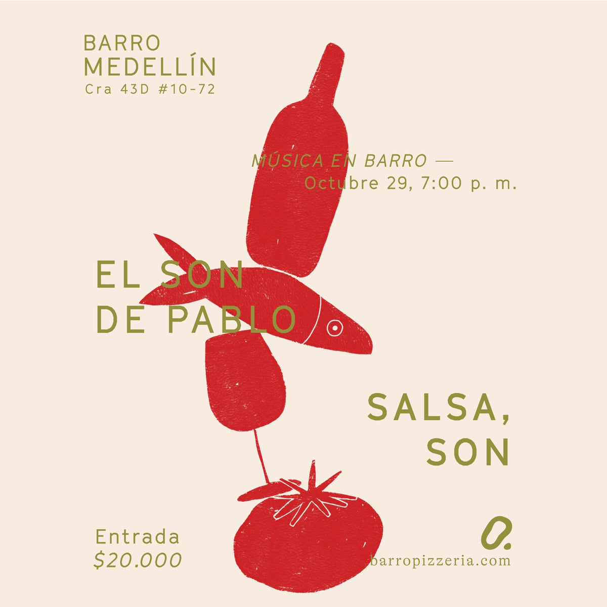 Afiche del concierto de El son de Pablo Salsa, son, en Barro Pizzería, Medellín, Antioquia
